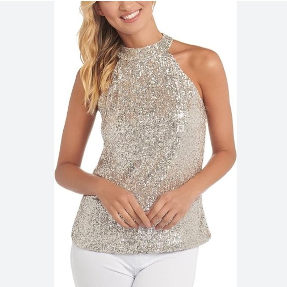 NWT Cable & Gauge Silver Sequin Halter Neck Top - Picture 1 of 8